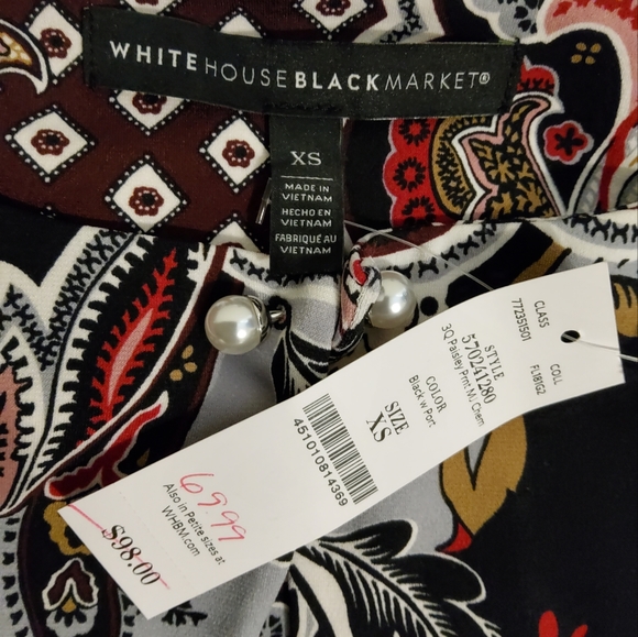 NWT! White House Black Market Paisley Print Keyhole Sheath 3/4 Sleeve Size XS - Picture 9 of 10